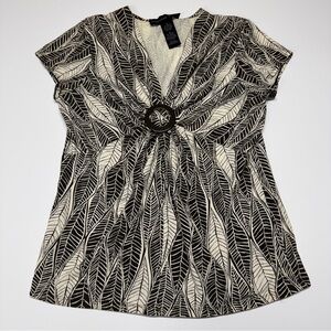 Josephine Chaus Dark Chocolate and Cream Leaf Print Blouse